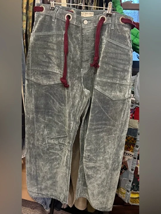 NWOT Free People We The Free Moxie Flocked Pull-On Barrel Jeans green blue 31 IR - Picture 10 of 13